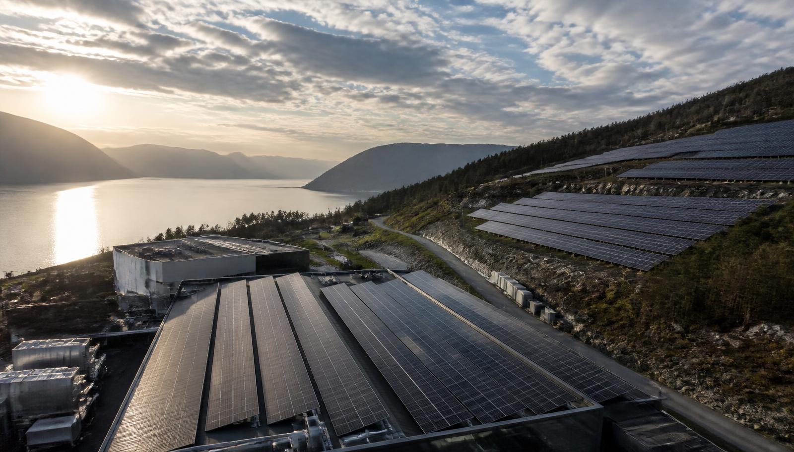 Solkraftanlegg i norsk fjordlandskap
